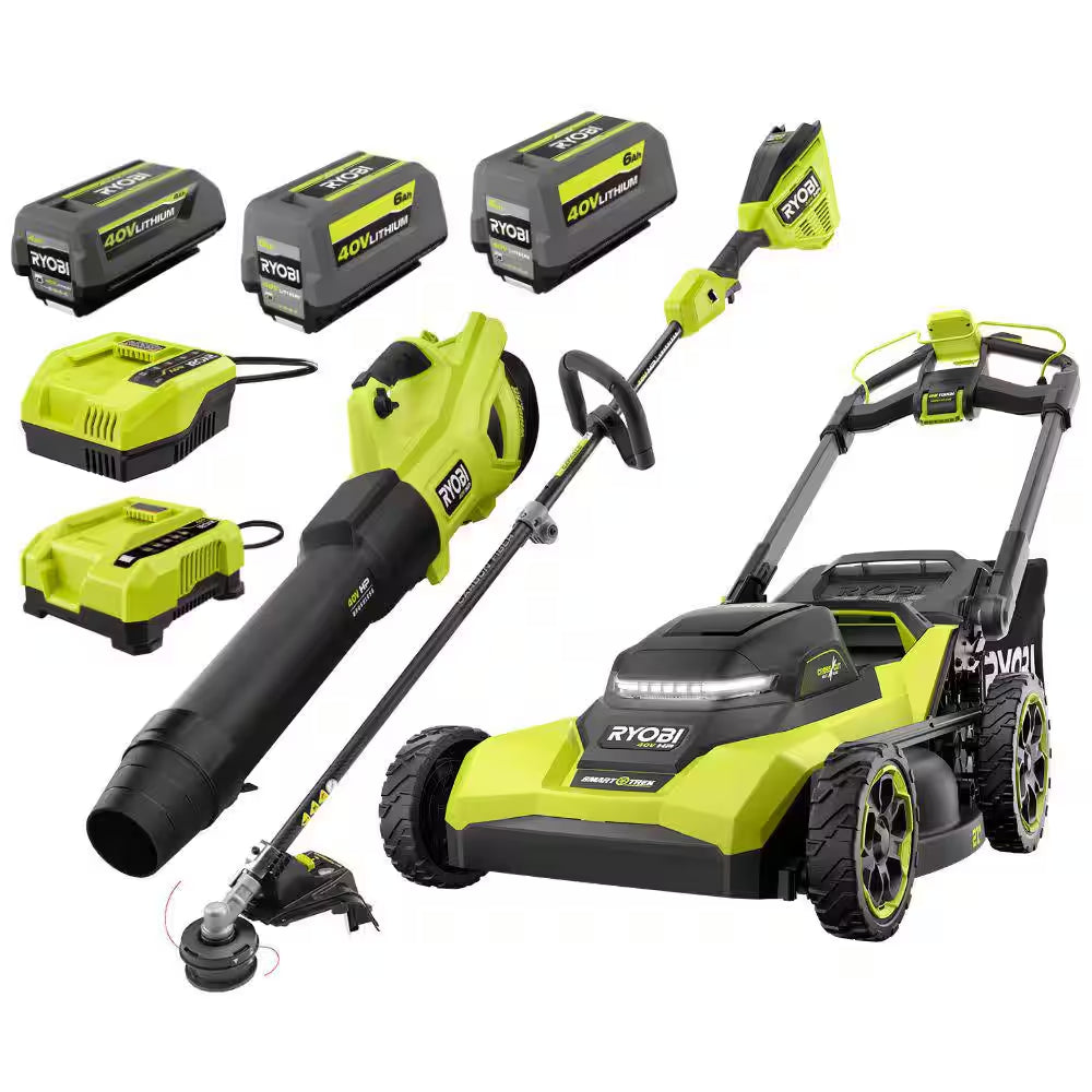 40V HP Brushless 21 In. Cordless Multi-Blade Self-Propelled Mower, Blower & Trimmer W/ (3) Batteries & (2) Chargers
