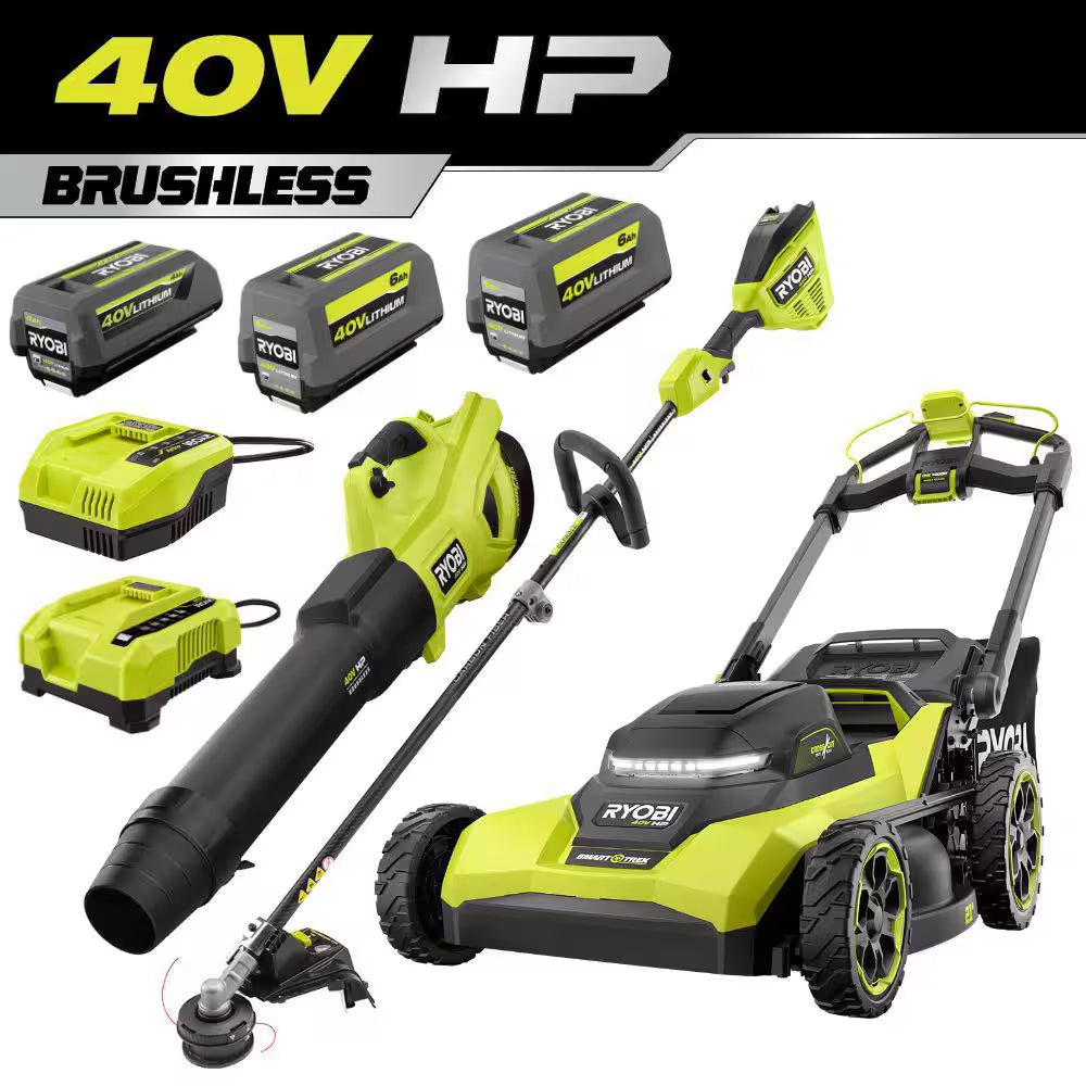 40V HP Brushless 21 In. Cordless Multi-Blade Self-Propelled Mower, Blower & Trimmer W/ (3) Batteries & (2) Chargers