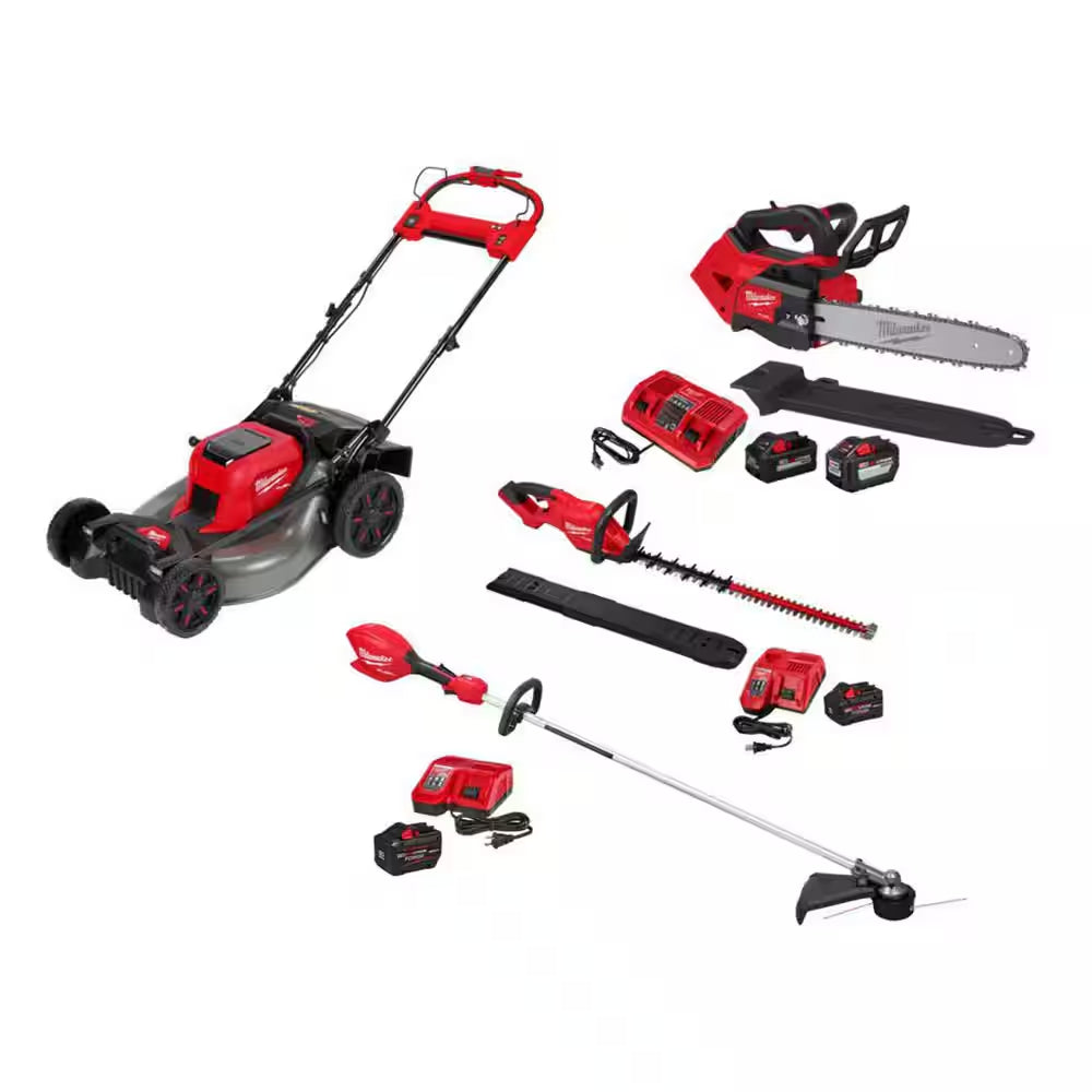M18 FUEL Brushless Cordless 21 in Dual Battery Self-Propelled Mower W String Trimmer, Hedge Trimmer, Top Handle Chainsaw