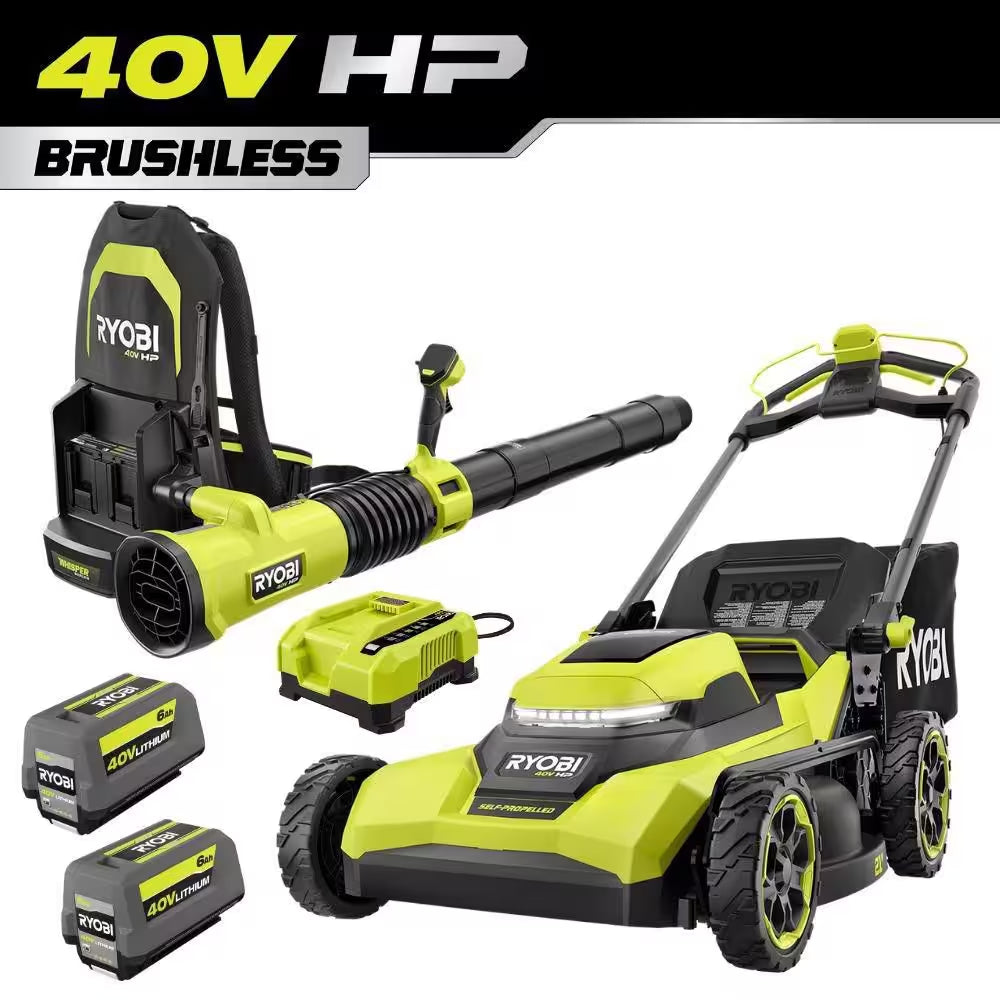 40V HP Brushless 21" Walk behind Self-Propelled Mower & Backpack Blower-(2) 8.0 Ah & 6.0 Ah Batteries & (2) Chargers