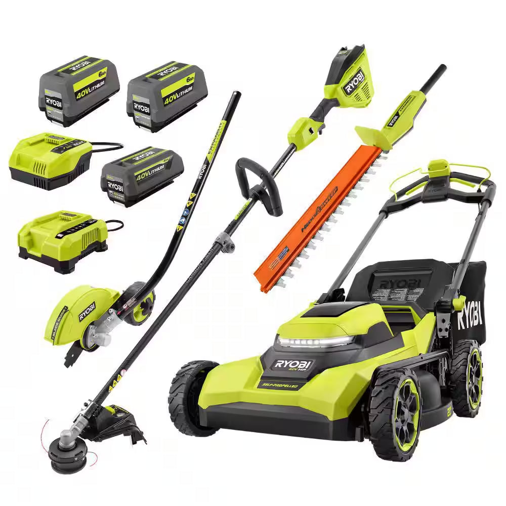40V HP 21" Brushless Walk behind Self-Propelled Mower, String Trimmer, Edger & Hedge Trimmer-(3) Batteries (2) Chargers