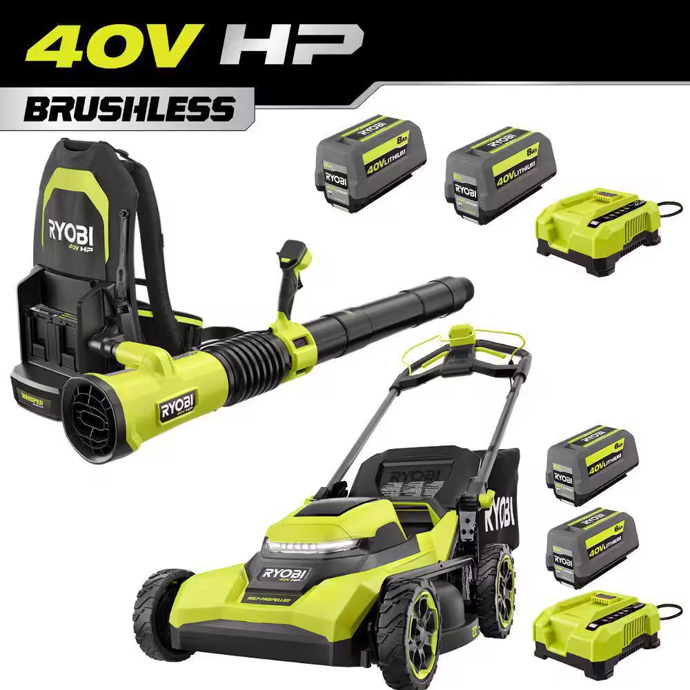 40V HP Brushless 21 In. Cordless Battery Walk behind Self-Propelled Mower, Blower & Trimmer-(3) Batteries & (2) Chargers