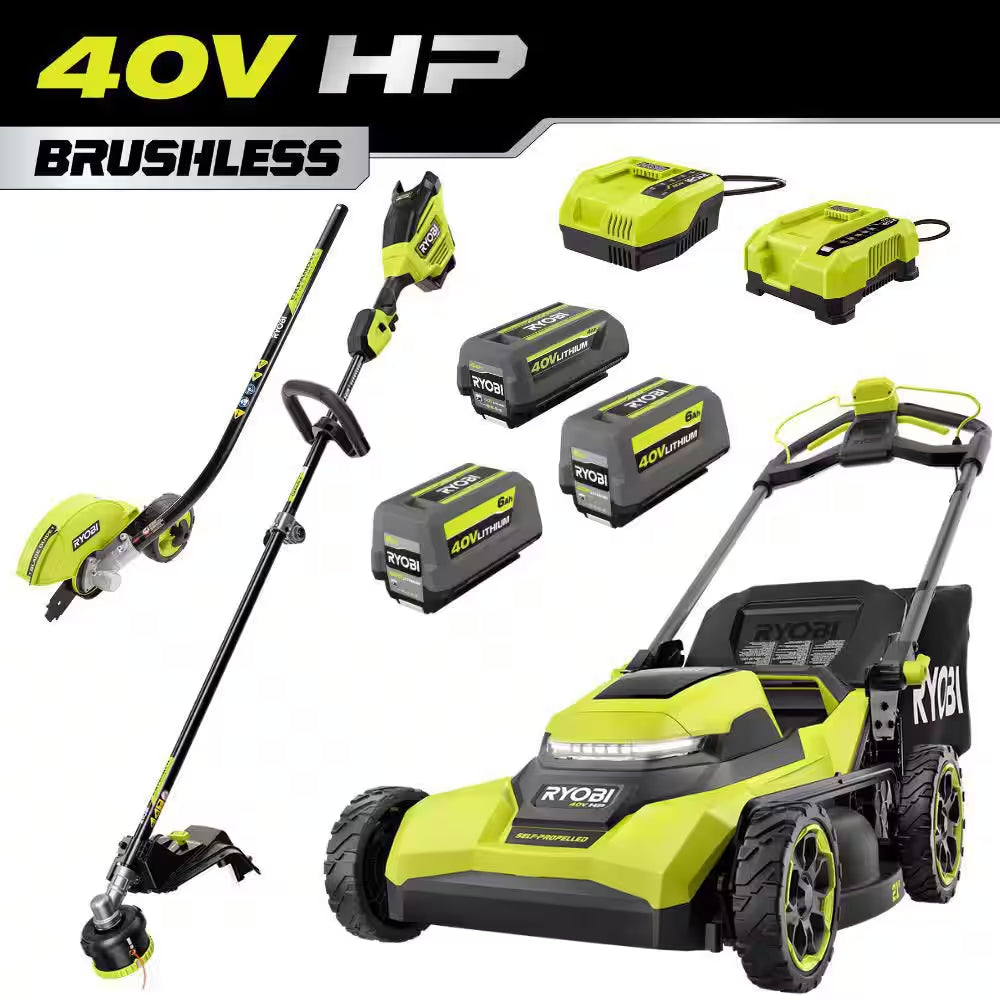 40V HP Brushless 21 In. Cordless Battery Walk behind Self-Propelled Mower, Blower & Trimmer-(3) Batteries & (2) Chargers