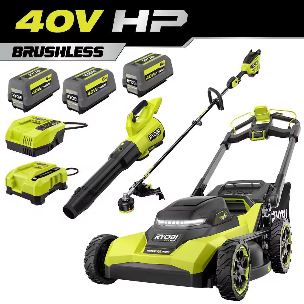 40V HP Brushless 21" Cordless Walk behind Multi-Blade Self-Propelled Mower W/ String Trimmer, Batteries & Charger