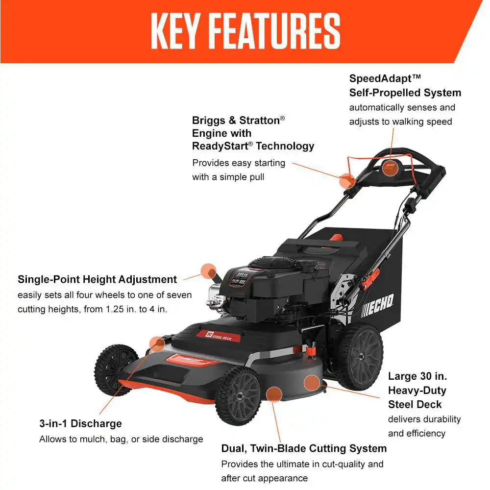 30 In. 223 CC Briggs and Stratton Gas 3-In-1 Dual Twin Blade RWD Self-Propelled Wide Area Lawn Mower with Readystart