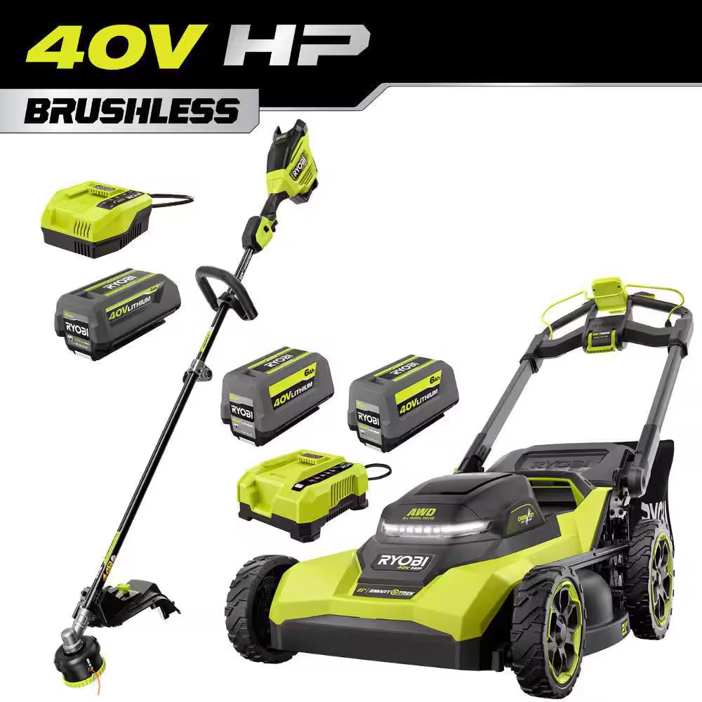 40V HP 21" Cordless Self-Propelled All Wheel Drive Mower, Blower, & String Trimmer W/ (3) Batteries & (2) Chargers