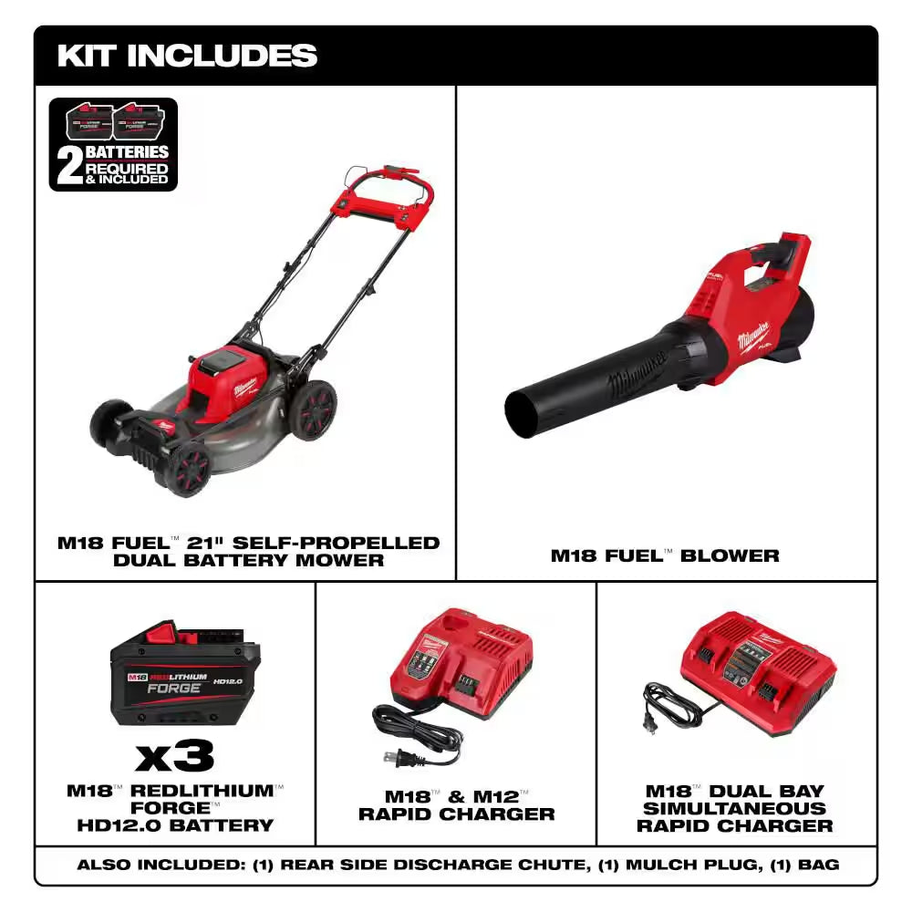 M18 FUEL 18V 21 In. Brushless Cordless Walk behind Dual Battery Self-Propelled Mower W/ Blower, (3) Batteries, Charger