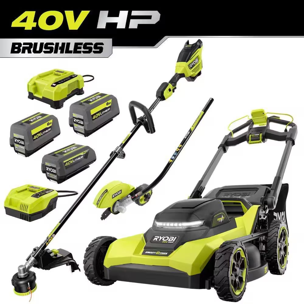 40V HP Brushless 21" Cordless Walk behind Multi-Blade Self-Propelled Mower W/ String Trimmer, Batteries & Charger