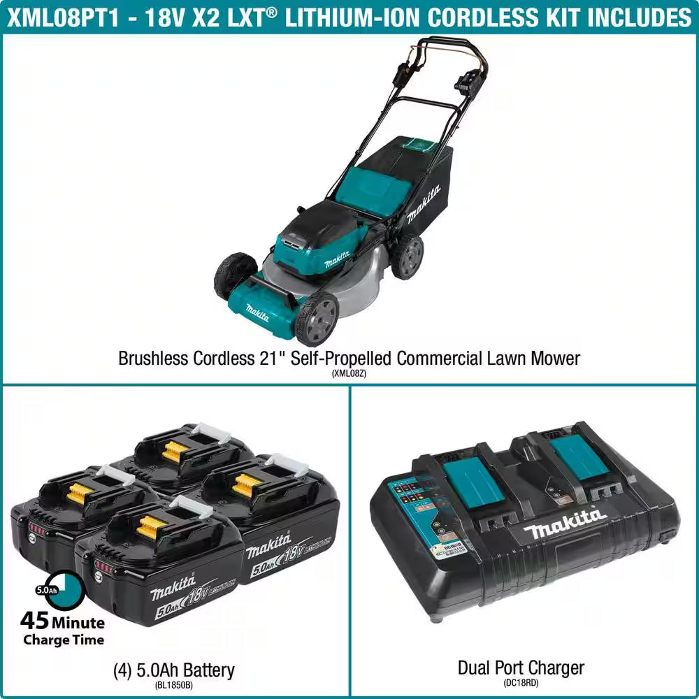 18V X2 (36V) LXT Cordless 21 In. Self-Propelled Commercial Lawn Mower, 4 Batteries (5.0Ah) & 13 In. String Trimmer
