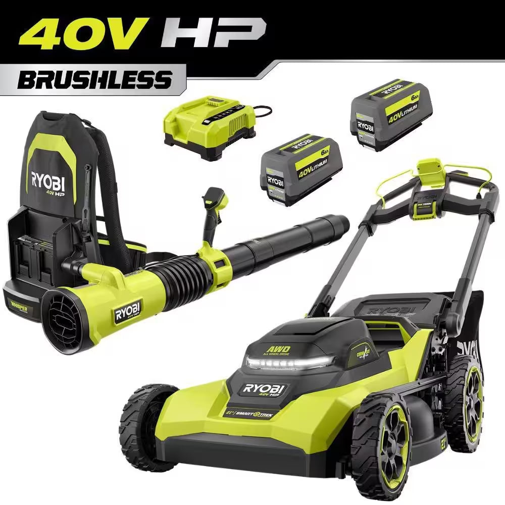 40V HP 21" Cordless Self-Propelled All Wheel Drive Mower, Blower, & String Trimmer W/ (3) Batteries & (2) Chargers