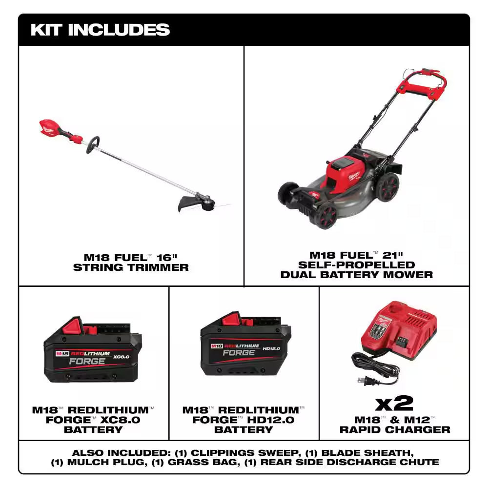 M18 FUEL Brushless Cordless 21 in Walk behind Dual Battery Self-Propelled Mower W/ M18 String Trimmer, M18 Hedge Trimmer