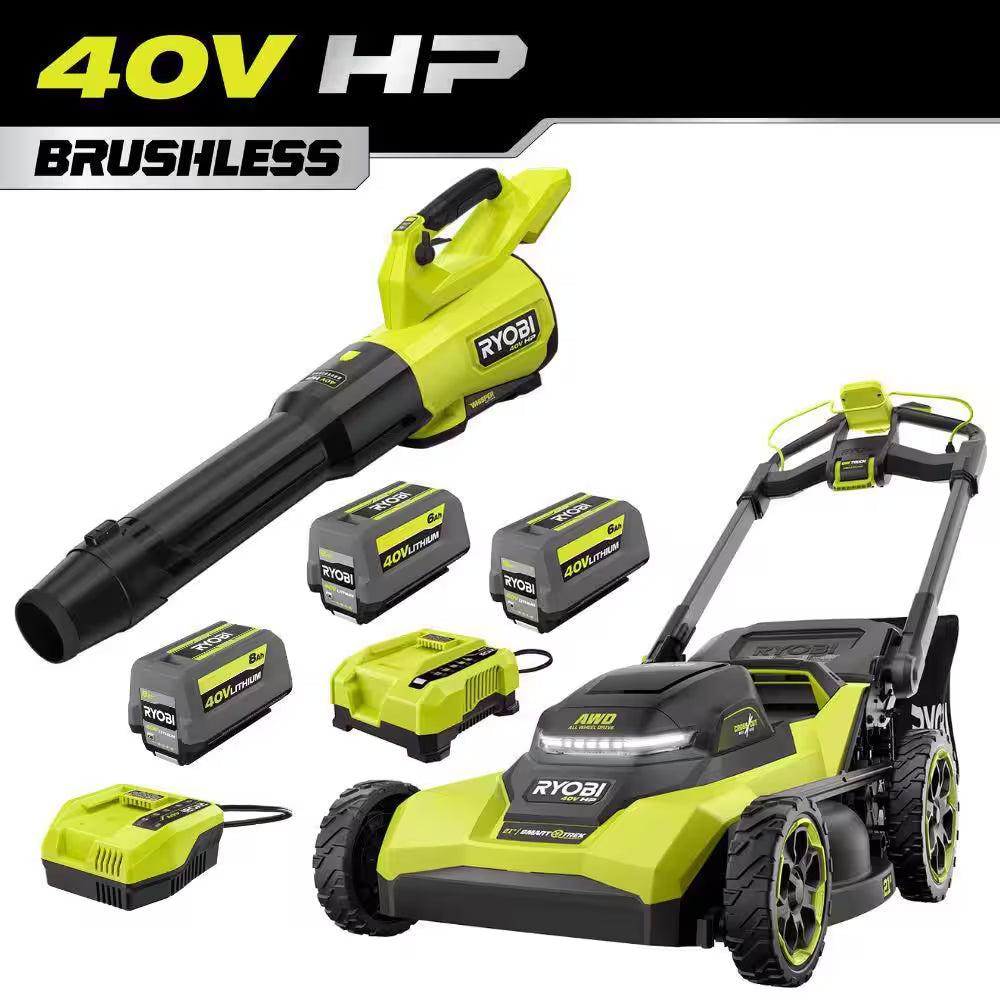 40V HP 21" Cordless Self-Propelled All Wheel Drive Mower, Blower, & String Trimmer W/ (3) Batteries & (2) Chargers
