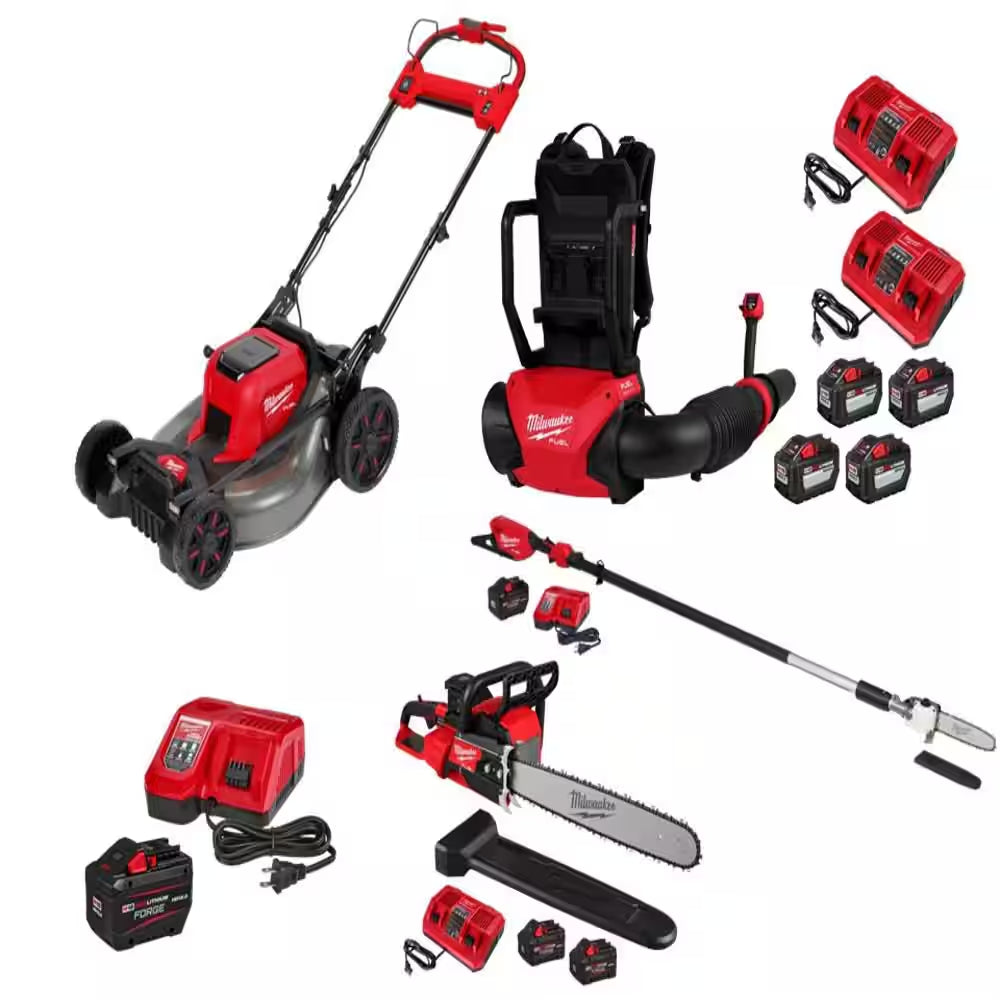 M18 FUEL Brushless Cordless 21 in Dual Battery SP Mower W/ FORGE Starter Kit, Backpack Blower, Chainsaw, Hedge Trimmer