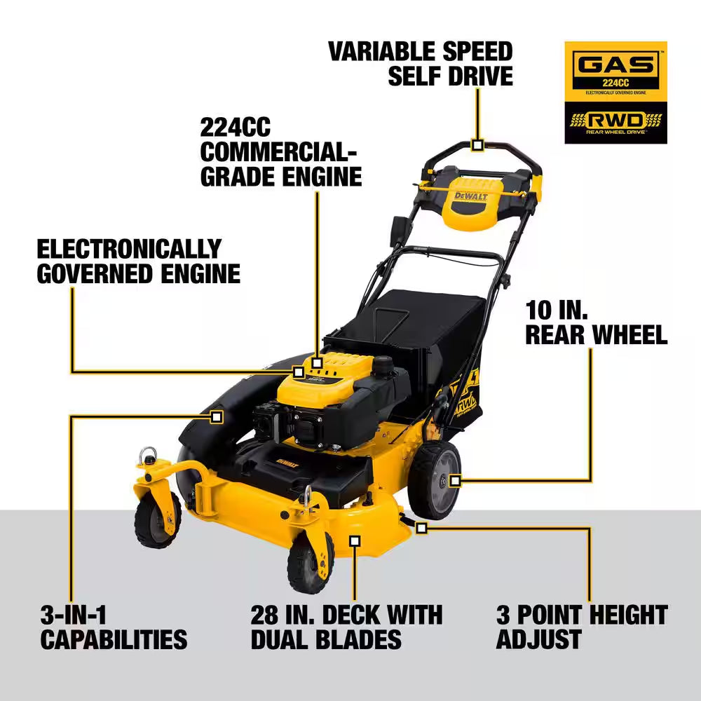 28 In. 224Cc E-GOV Engine 3-In-1 Gas RWD Self-Propelled Lawn Mower with High Rear Wheels