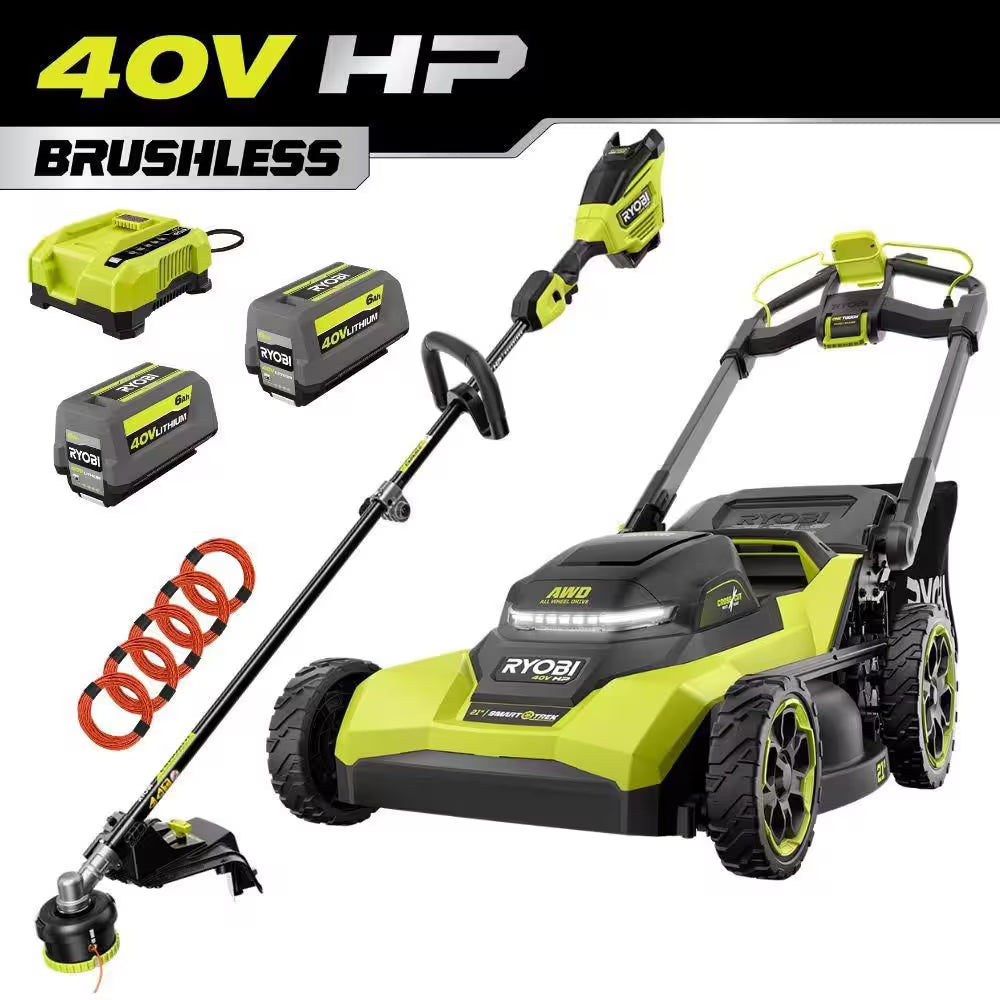 40V HP 21" Cordless Self-Propelled All Wheel Drive Mower, Blower, & String Trimmer W/ (3) Batteries & (2) Chargers