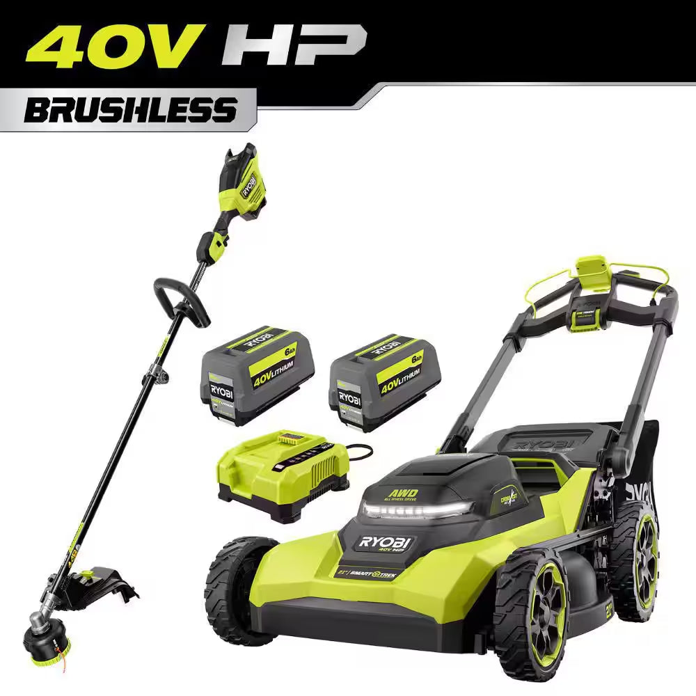 40V HP 21" Cordless Self-Propelled All Wheel Drive Mower, Blower, & String Trimmer W/ (3) Batteries & (2) Chargers