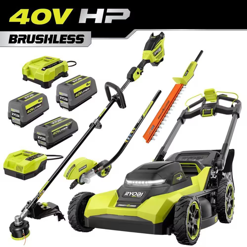 40V HP Brushless 21" Cordless Walk behind Multi-Blade Self-Propelled Mower W/ String Trimmer, Batteries & Charger