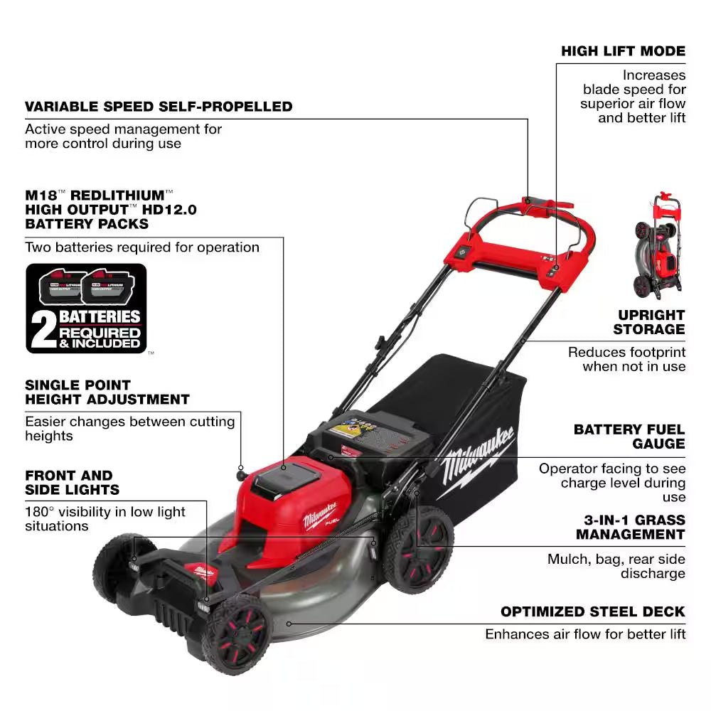 M18 FUEL 18V 21 In. Brushless Cordless Dual Battery Self-Propelled Mower W/ Blower, (2) 12.0 Ah Batteries, Charger