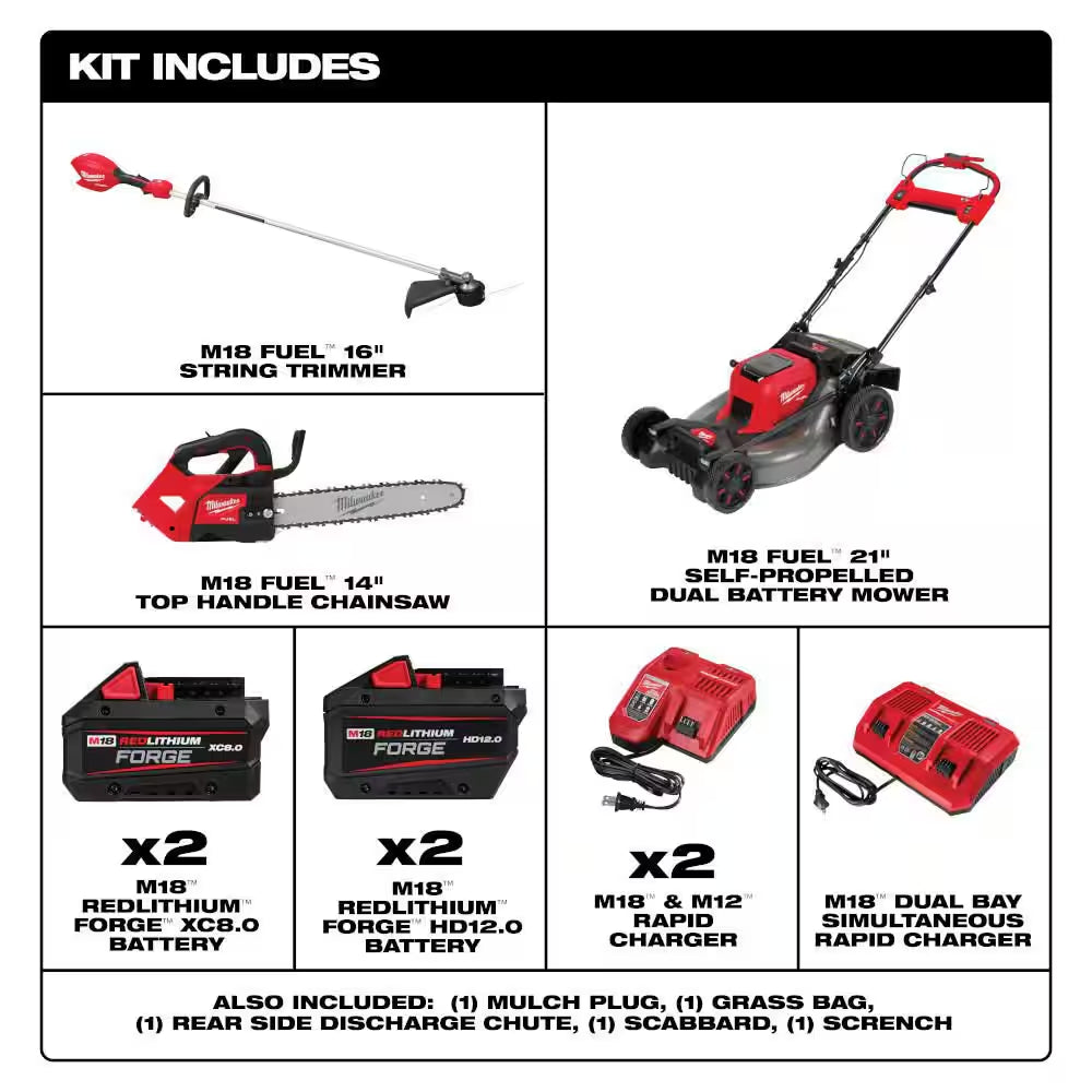 M18 FUEL Brushless Cordless 21 in Dual Battery Self-Propelled Mower W String Trimmer, Hedge Trimmer, Top Handle Chainsaw