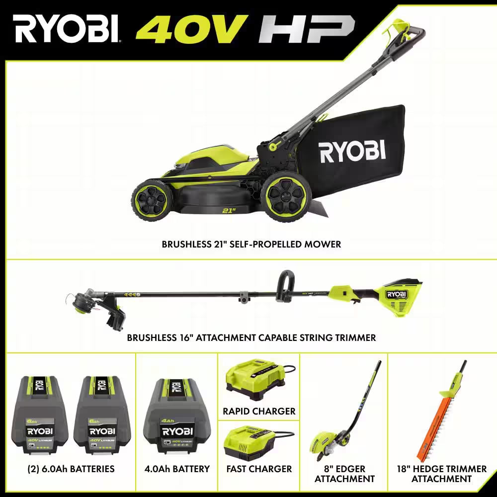 40V HP 21" Brushless Walk behind Self-Propelled Mower, String Trimmer, Edger & Hedge Trimmer-(3) Batteries (2) Chargers