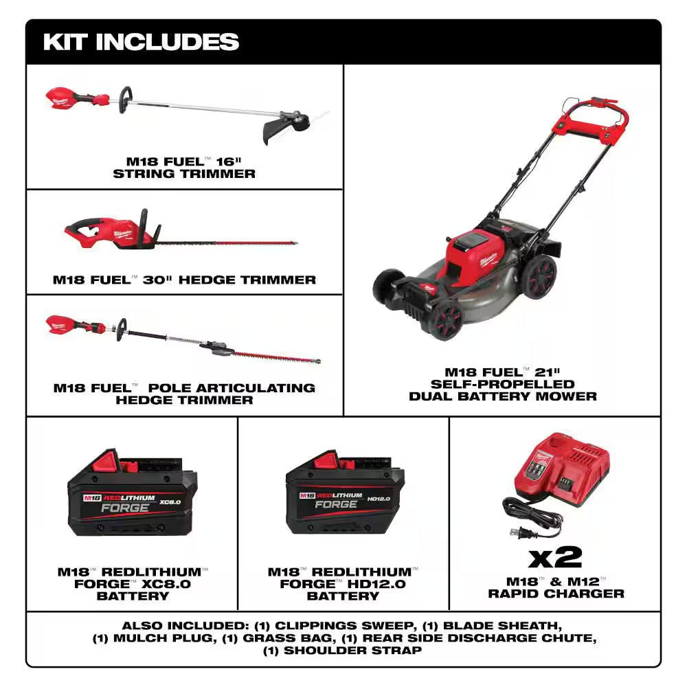 M18 FUEL Brushless Cordless 21 in Dual Battery Self-Propelled Mower W/ String Trimmer, Hedge Trimmer, Pole Hedge Trimmer