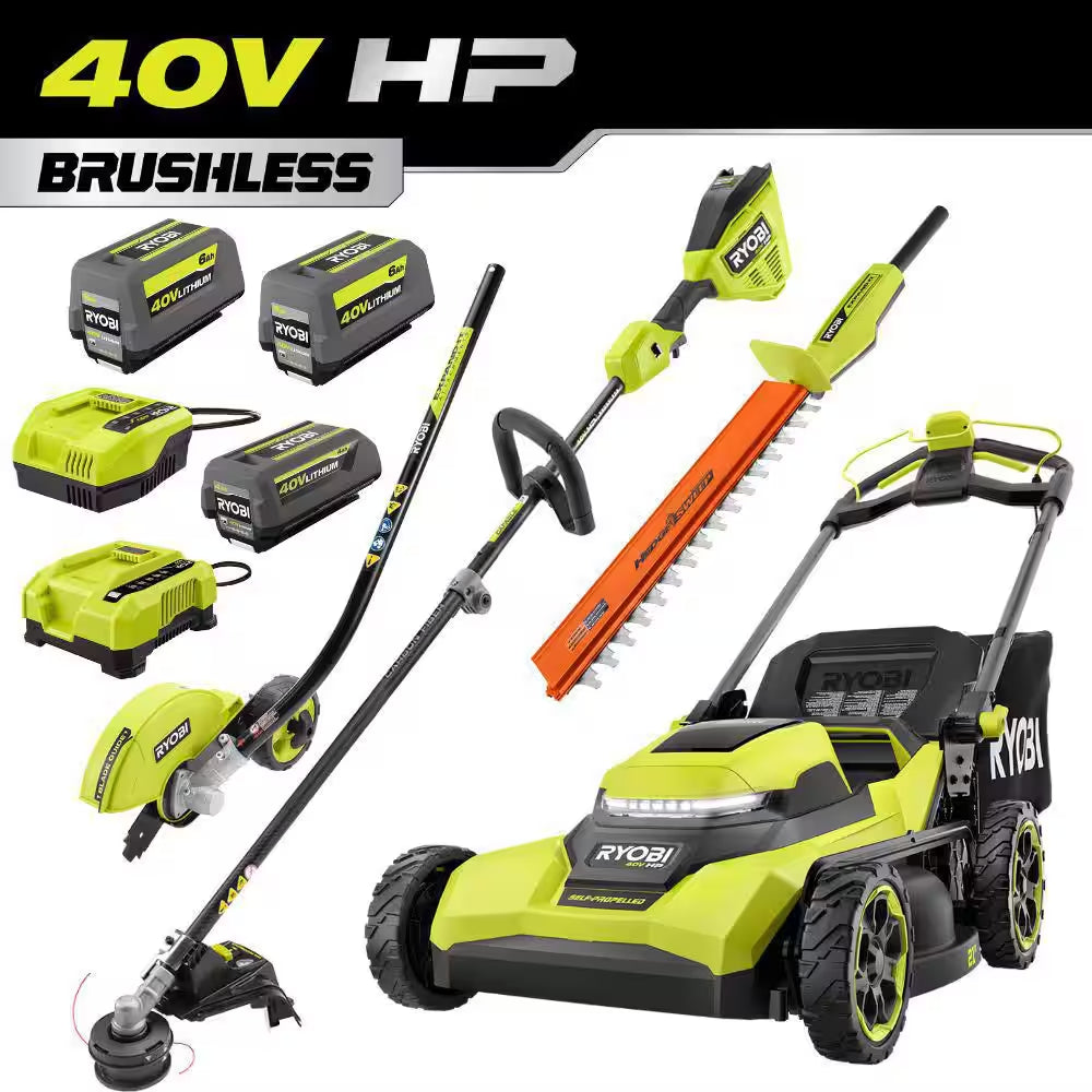40V HP 21" Brushless Walk behind Self-Propelled Mower, String Trimmer, Edger & Hedge Trimmer-(3) Batteries (2) Chargers