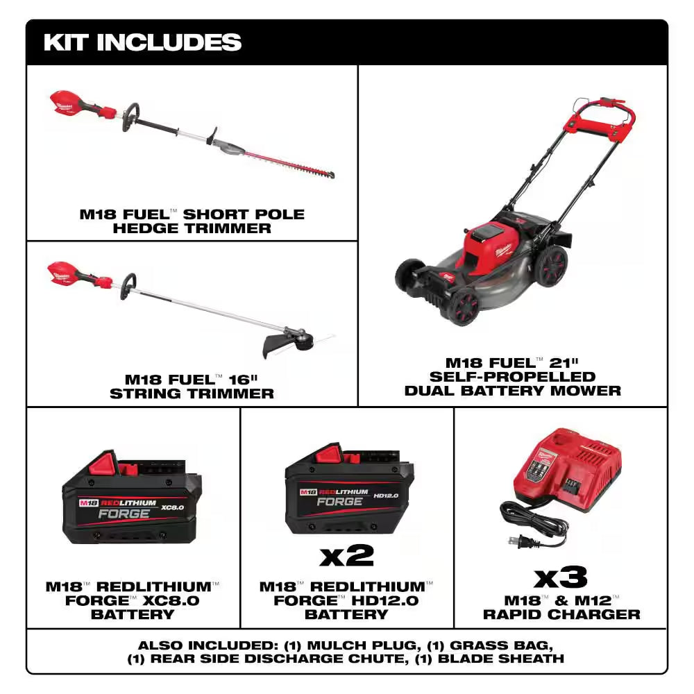 M18 FUEL Brushless Cordless 21 in Dual Battery Self-Propelled Mower W/ Hedge Trimmer, String Trimmer, FORGE Starter Kit