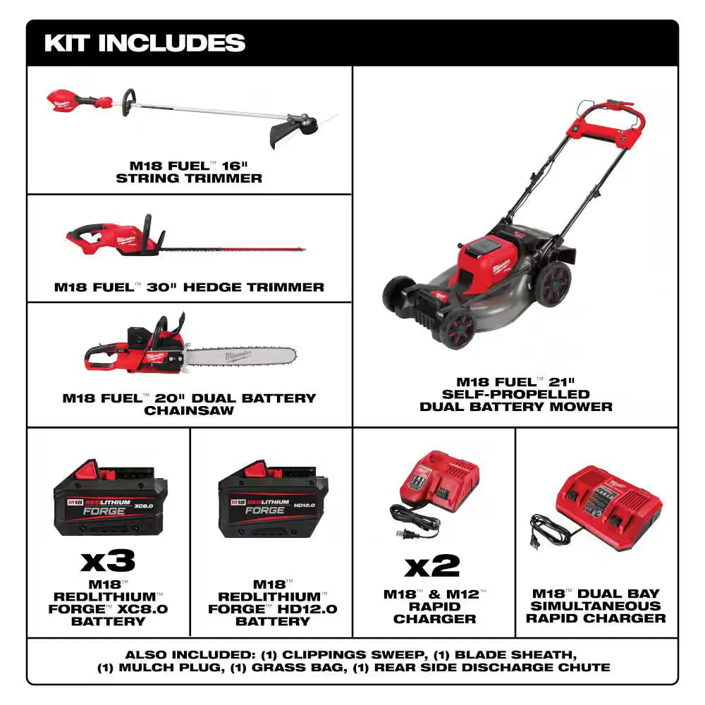 M18 FUEL Brushless Cordless 21 in Dual Battery Self-Propelled Mower W/ String Trimmer, Hedge Trimmer, Chainsaw