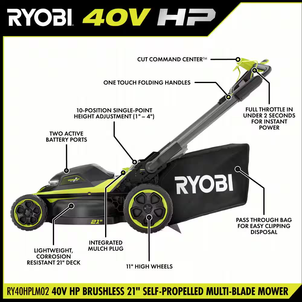 40V HP Brushless 21 In. Cordless Multi-Blade Self-Propelled Mower, Blower & Trimmer W/ (3) Batteries & (2) Chargers