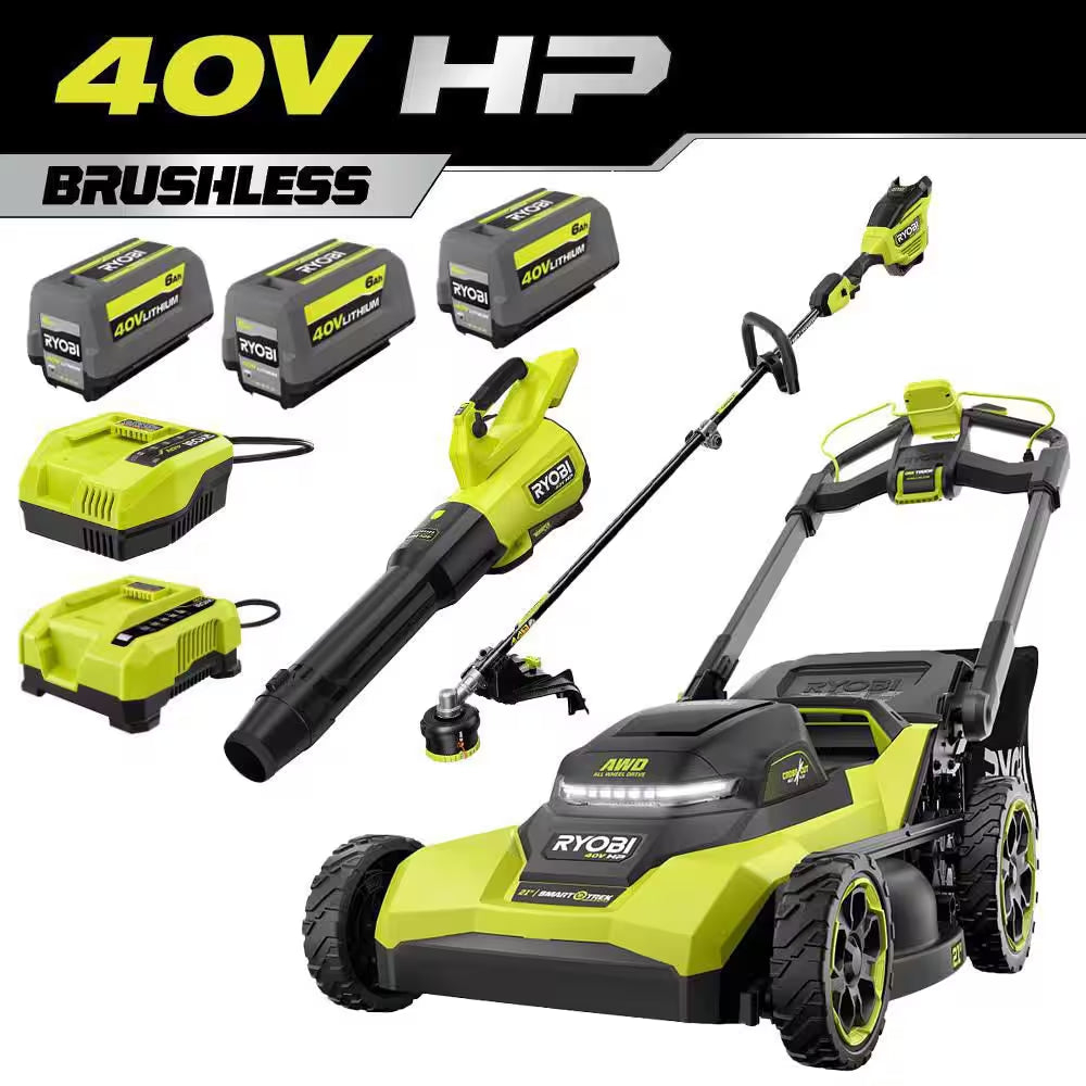 40V HP 21" Cordless Self-Propelled All Wheel Drive Mower, Blower, & String Trimmer W/ (3) Batteries & (2) Chargers