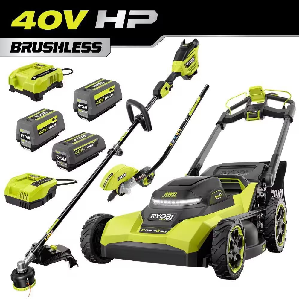 40V HP 21" Cordless Self-Propelled All Wheel Drive Mower, Blower, & String Trimmer W/ (3) Batteries & (2) Chargers