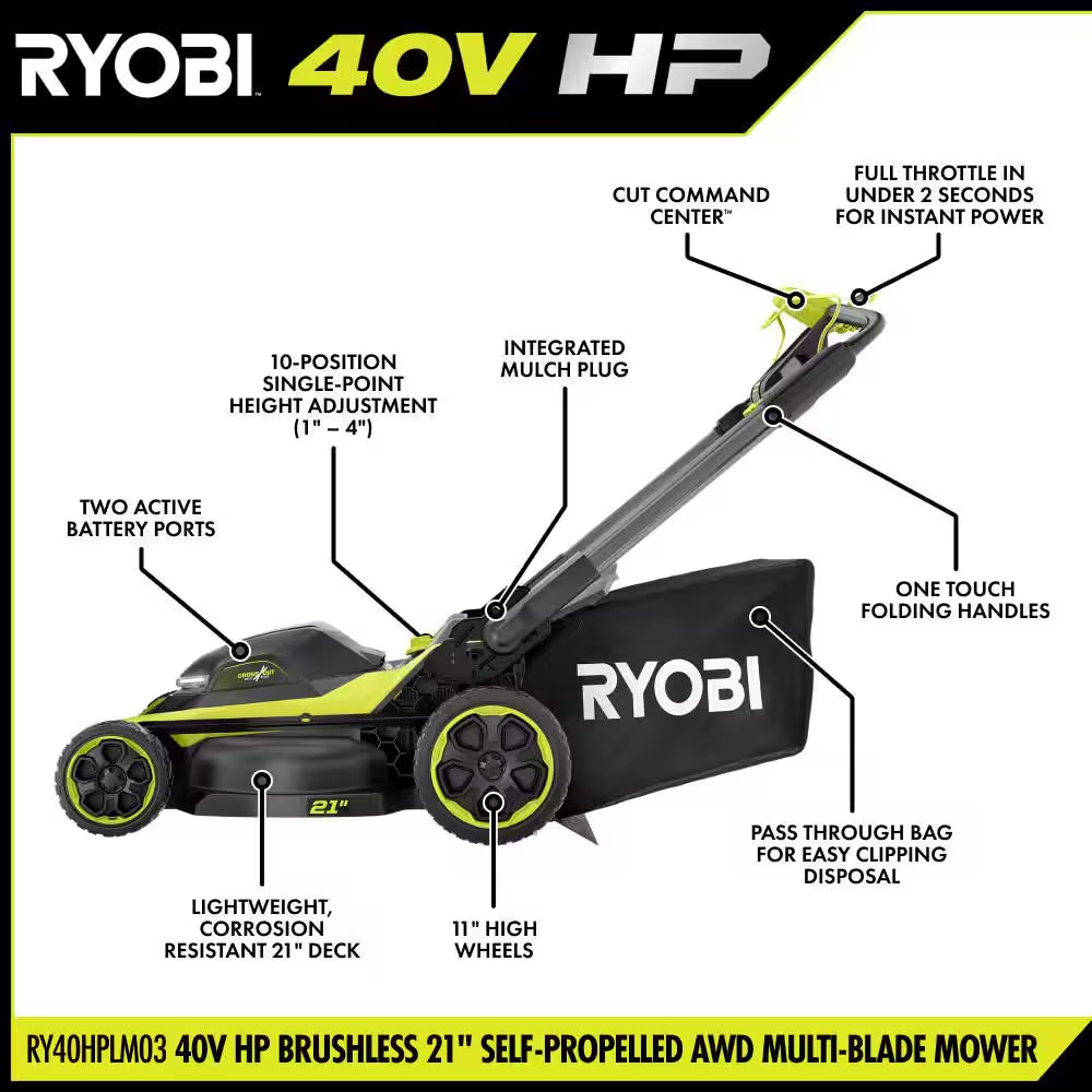 40V HP 21" Cordless Self-Propelled All Wheel Drive Mower, Blower, & String Trimmer W/ (3) Batteries & (2) Chargers