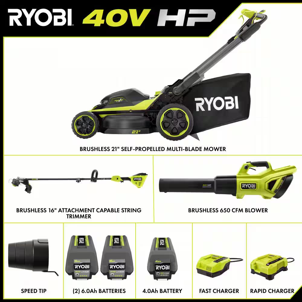 40V HP Brushless 21 In. Cordless Multi-Blade Self-Propelled Mower, Blower & Trimmer W/ (3) Batteries & (2) Chargers