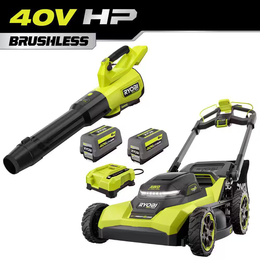 40V HP 21" Cordless Self-Propelled All Wheel Drive Mower, Blower, & String Trimmer W/ (3) Batteries & (2) Chargers