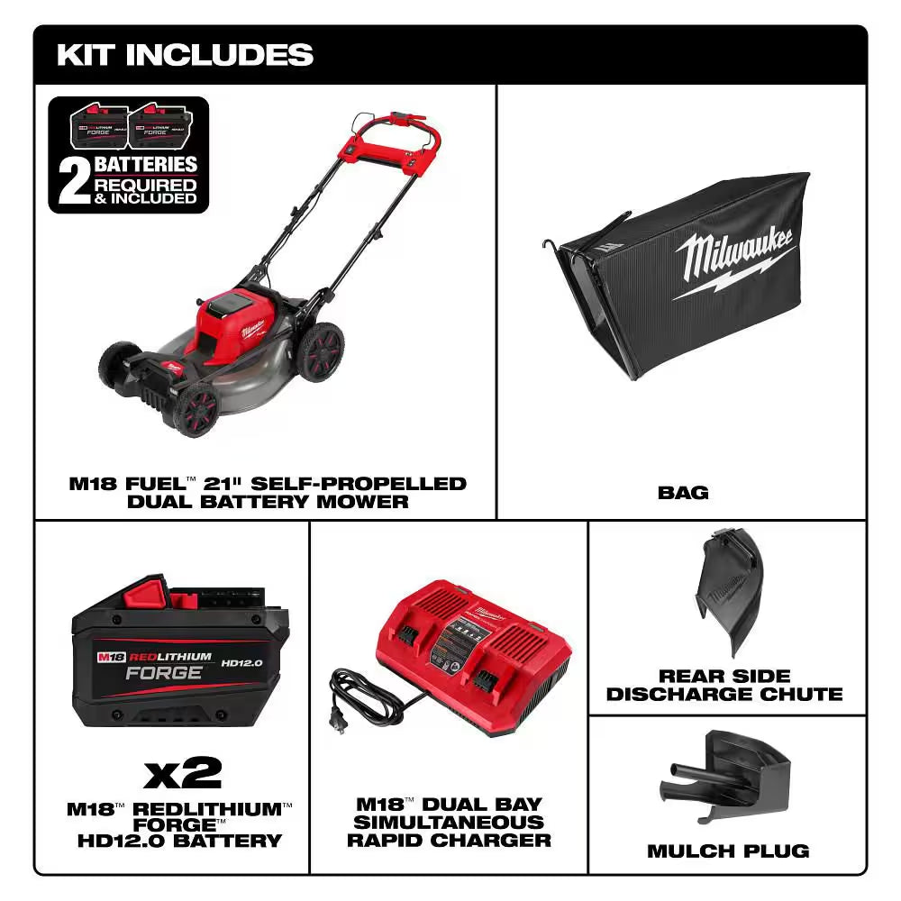 M18 FUEL Brushless Cordless 21 In. Walk behind Dual Battery Self-Propelled Mower W/(2) 12.0Ah FORGE Battery and Charger