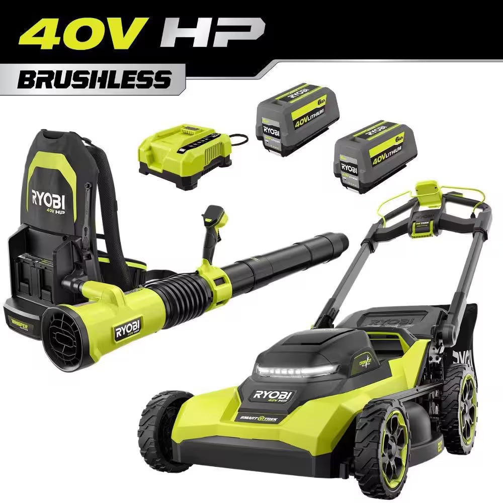 40V HP Brushless 21" Cordless Walk behind Multi-Blade Self-Propelled Mower W/ String Trimmer, Batteries & Charger